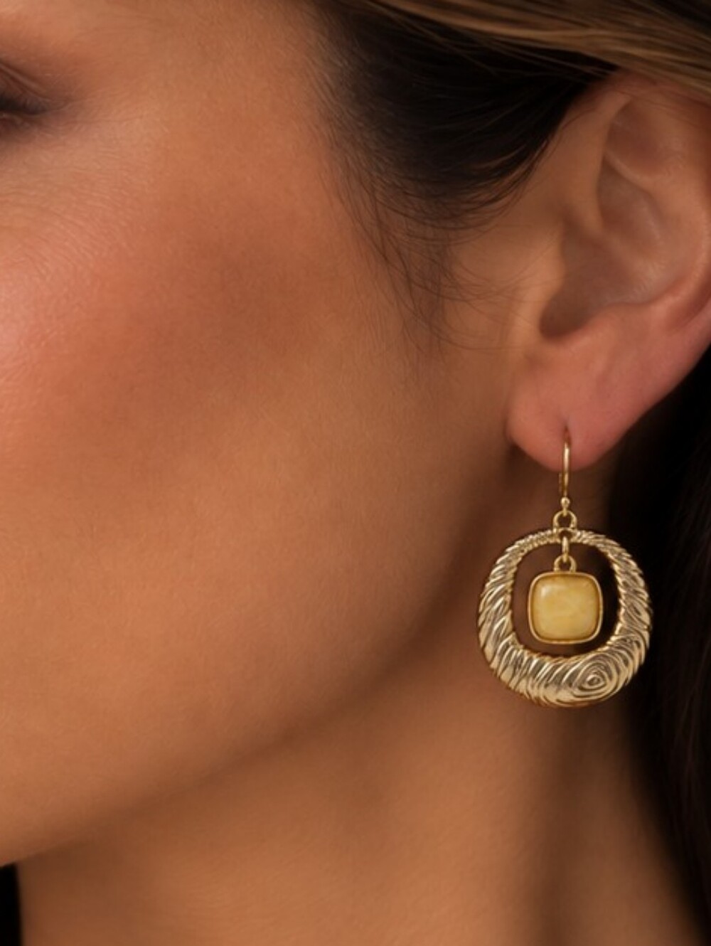 💎 Gold Silver Tone Yellow Cabochon Textured Circle Dangle Statement Earrings